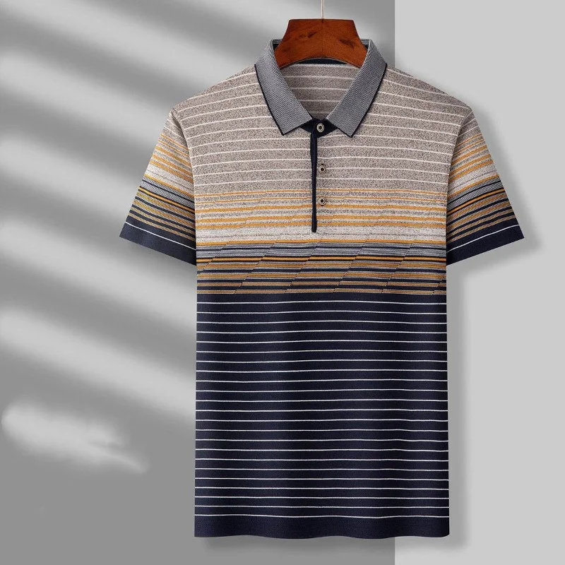 2023 Summer New Fashion High End Middle Age Business Casual Men\'s Clothing Short Sleeve Lapel Striped Printed Thin POLO Shirt