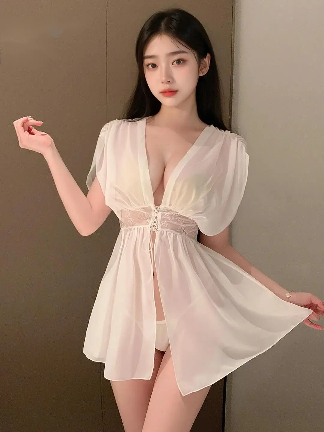 جديد الدانتيل الفرنسي مفتوح الصدر واسعة الأكمام شير ثوب النوم مثير بلون شبكة شفافة الساحرة أنيقة الرغبة النقية فستان TT5E