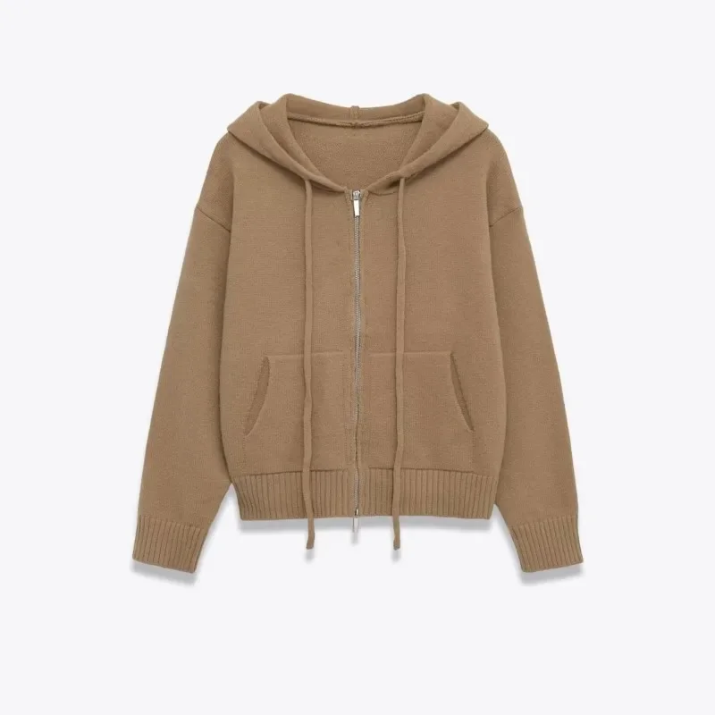 

Женская вязаная короткая куртка с капюшоном на молнии и шнурке, женские пальто с длинными рукавами, винтажные женские куртки, женские шикарные топы