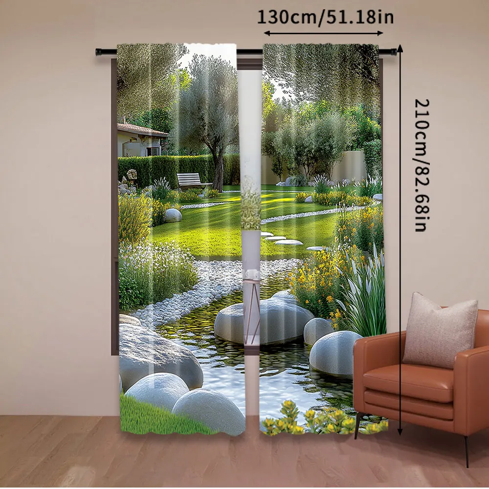 2Pcs Garden Curtains Japanese Park Style Recreational View With Pond Grass Stones And Trees Landscape For Bedroom Bathroom