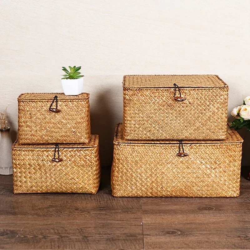 

Seaweed Storage Basket Hand-woven Storage Box with Lid Sundries Cosmetic Organizer Rectangular Closet Organizer Laundry Basket