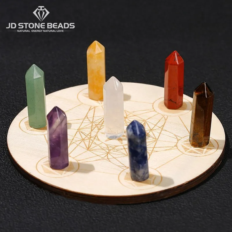 

Healing Stone 7 Chakra Hexagonal Column Crystal Set With Seven Star Array Wood Plate For Meditation Balance Home Decor Craft