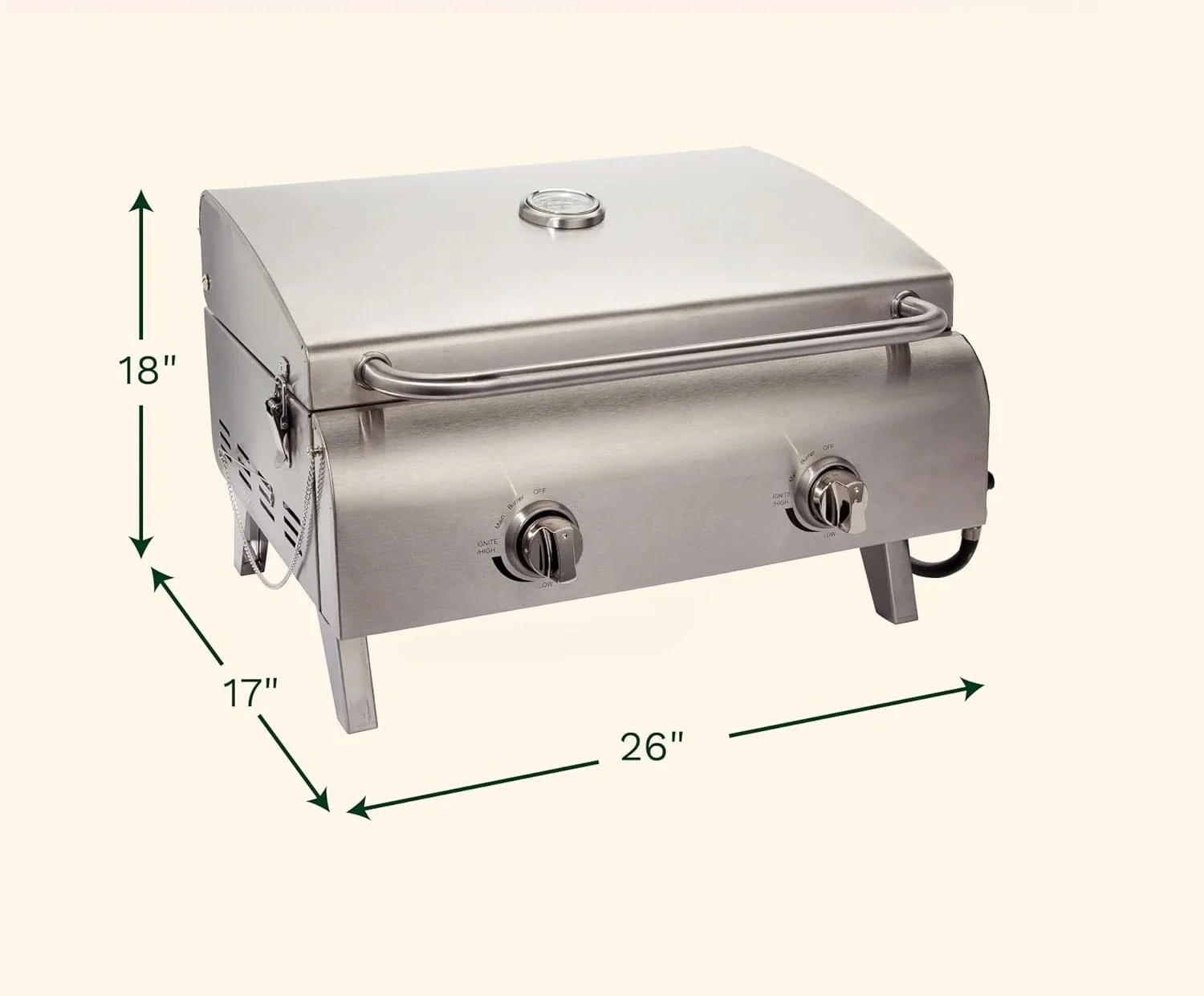 

Chef's Style Tabletop Portable Propane Gas Grill with Dual Burners (20,000 BTUs Total), Twist-Start Ignition Stainless Steel BBQ