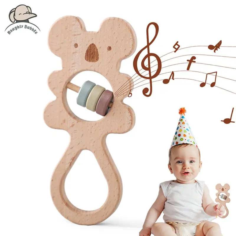 Hochet en Bois pour Bébé de 0 à 12 Mois, Jouets Sensoriels, Poussette Montessori, Dessin Animé Koala, Cloche à Main, TeWindsor