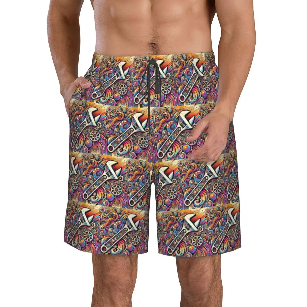 Colorful Mechanical Colorful Creative Trunks Beach Board Shorts Casual Quick Dry Swim Summer Men Pants
