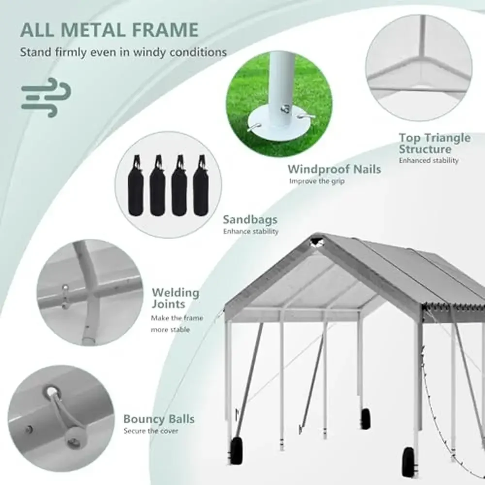 Dossel portátil para garagem, 12x20, resistente, altura ajustável, luzes solares, sacos de areia à prova de vento, anti-uv, postes de aço à prova d'água