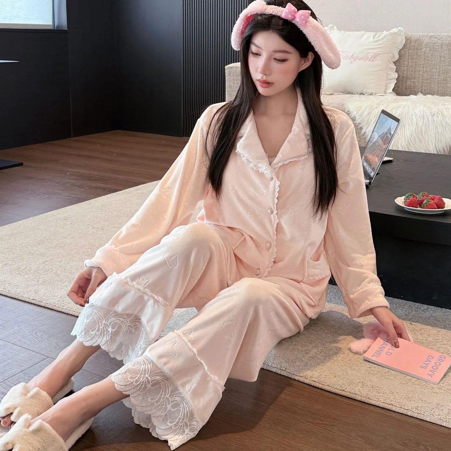 Autumn Winter Fleece 3PCS Pajamas Set Women Long Sleeve Shirt Top Trouser Sleep Suit Casual Home Clothes