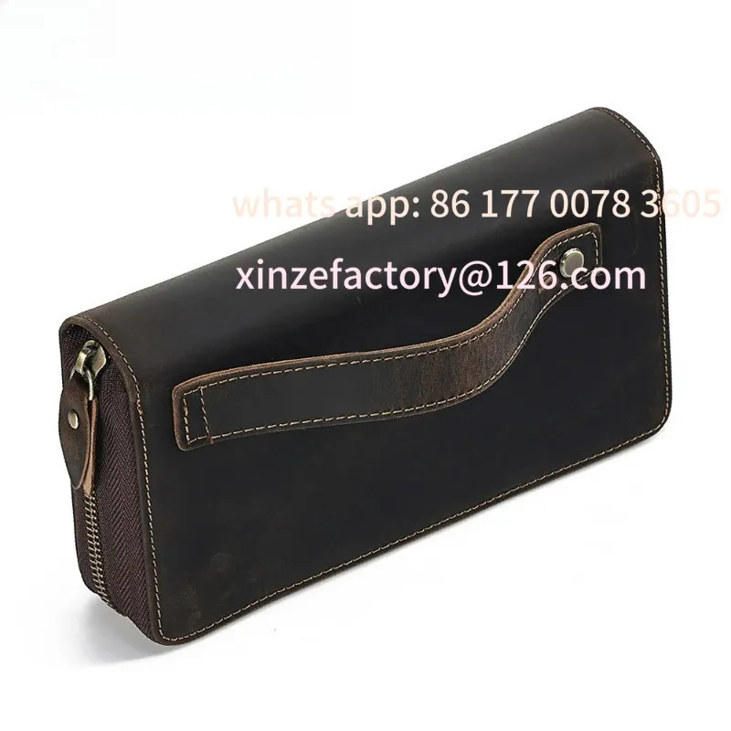 

Customizable Genuine Leather Men's Clutch Bag RFID Wallet Large Capacity Business Long Wallet with Hand Strap Male Purses