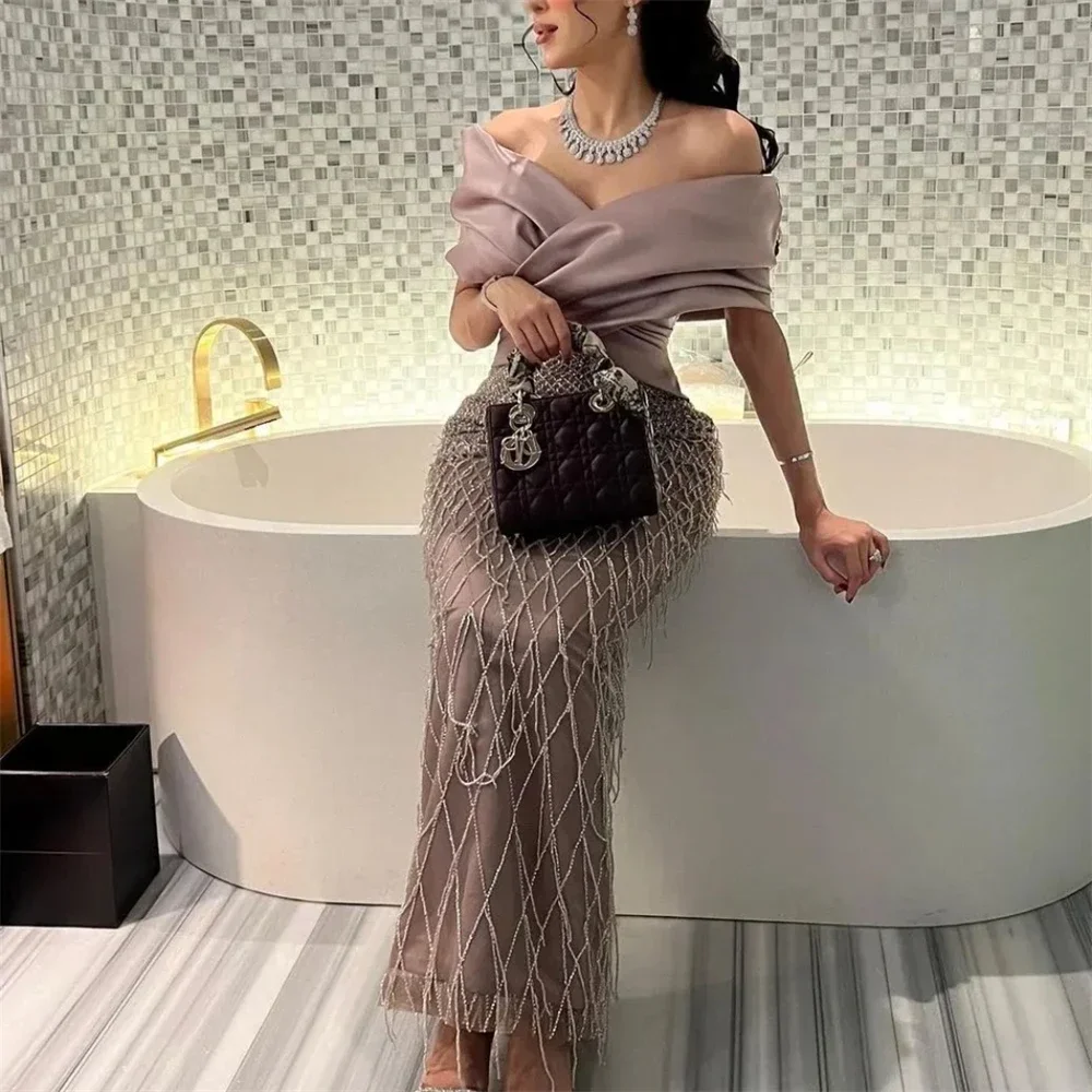 Customized Yipeisha Elegant Off Shoulder Dubai Evening Dresses For Women Exquisite Glitter Wedding Luxury Tassel Arabic Formal P