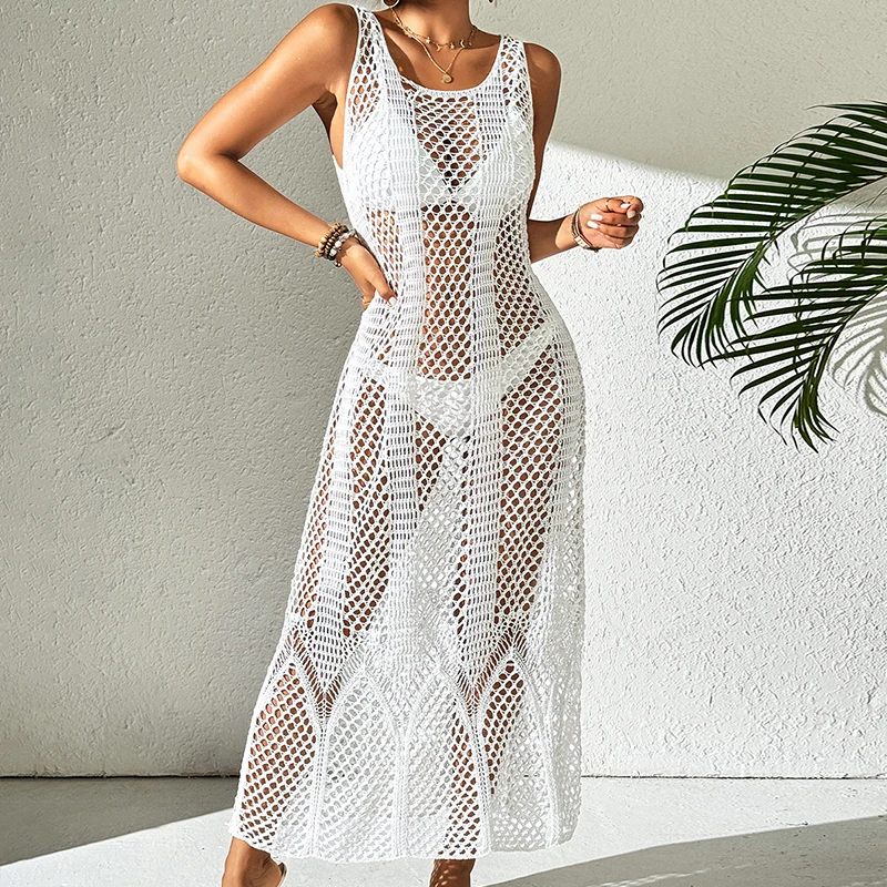 Frauen U-Kragen einfarbig Kleid stricken hohl sexy Bikini vertuschen Strand urlaub Sonne Bad Sonnencreme langes Kleid