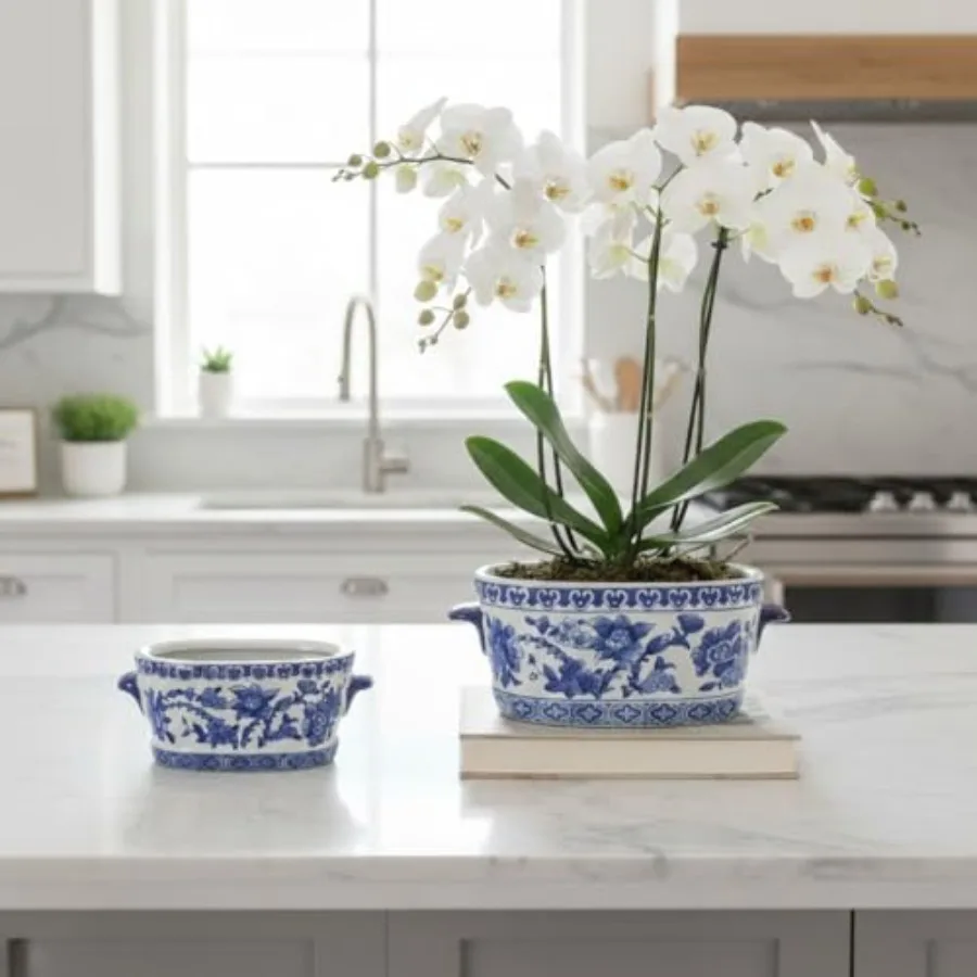 Indoor plants planter: blue and white ceramic, vintage floral oval cachepot, glazed Chinese porcelain style, no drainage, 7.4 o
