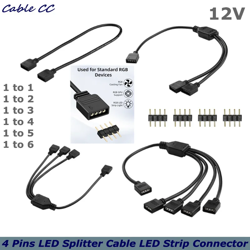 1 to 1/2/3/4/5/6 RGB Adapter Connector，12v 4-Pin RGB Splitter Cable, for Extending PC RGB Fans/LED Lights,with Male 4Pin Plugs