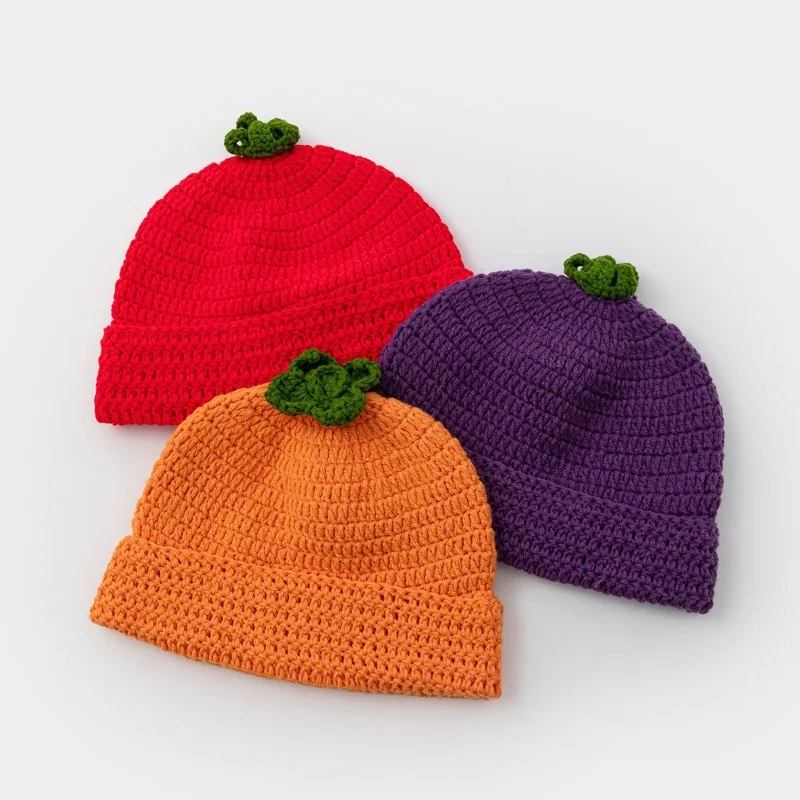 Fruit and Vegetable Top Hook Knitted Hat, Handmade Knitted Flanged Hat, Cute and Creative Autumn and Winter Women's Hat