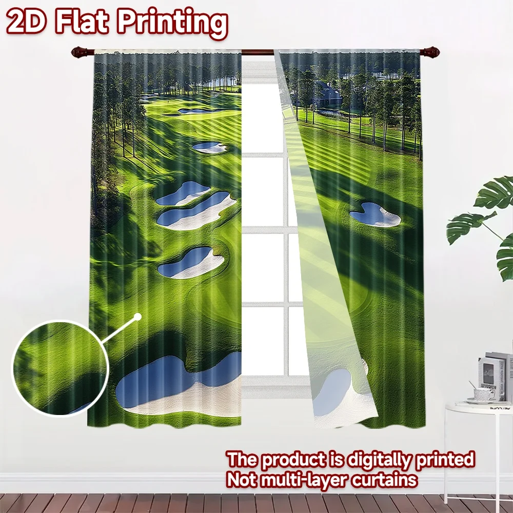 2D flat 2pcs Curtain Retro Country Style Golf Course Fairway Digitally printed polyester Birthday Party Use for Holiday Family