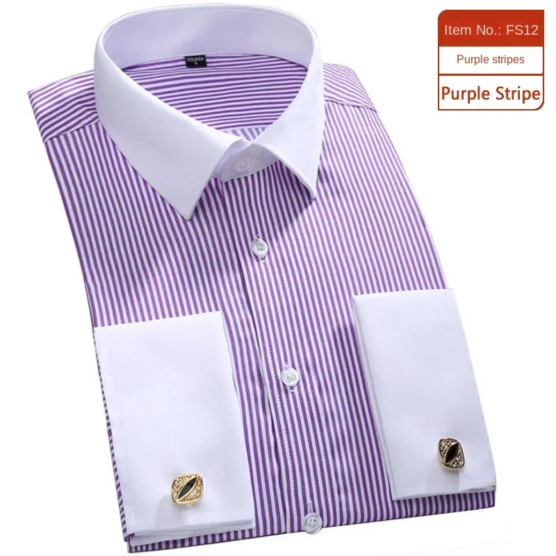 

2024new French fashion cuff links business long-sleeved shirts men striped shirts white-collar loose plus size men best selling.