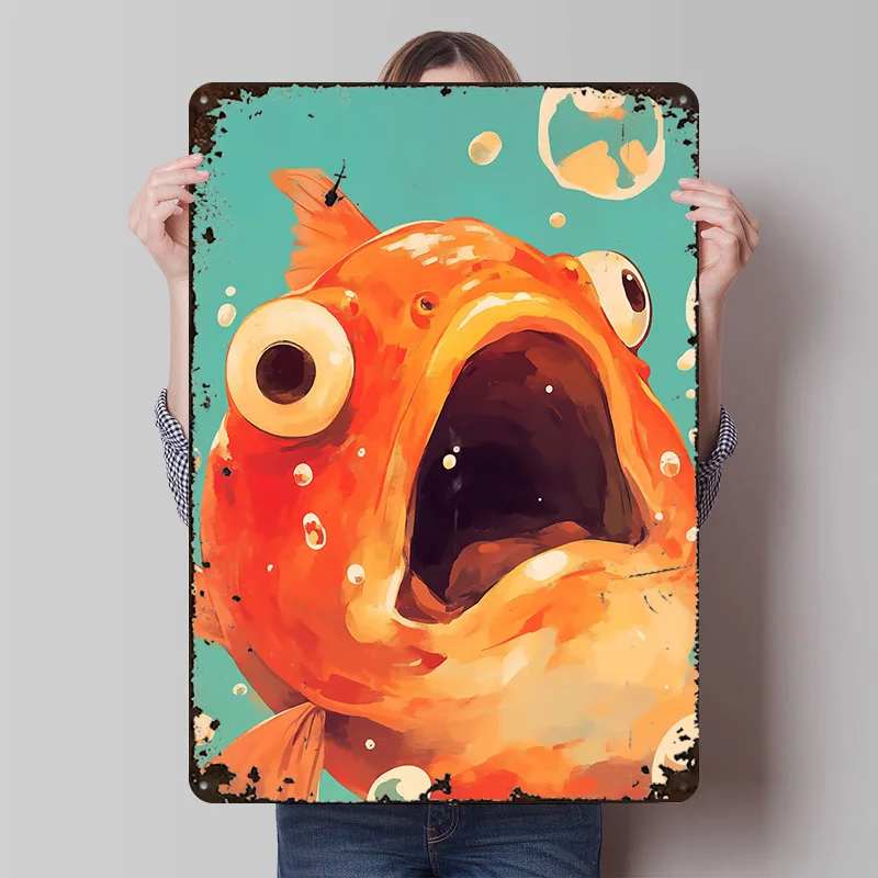 Funny Fish in Water Metal Poster Customized Wall Art Retro Vintage Metal Signs for Man Cave Decoration Garage Accessories House