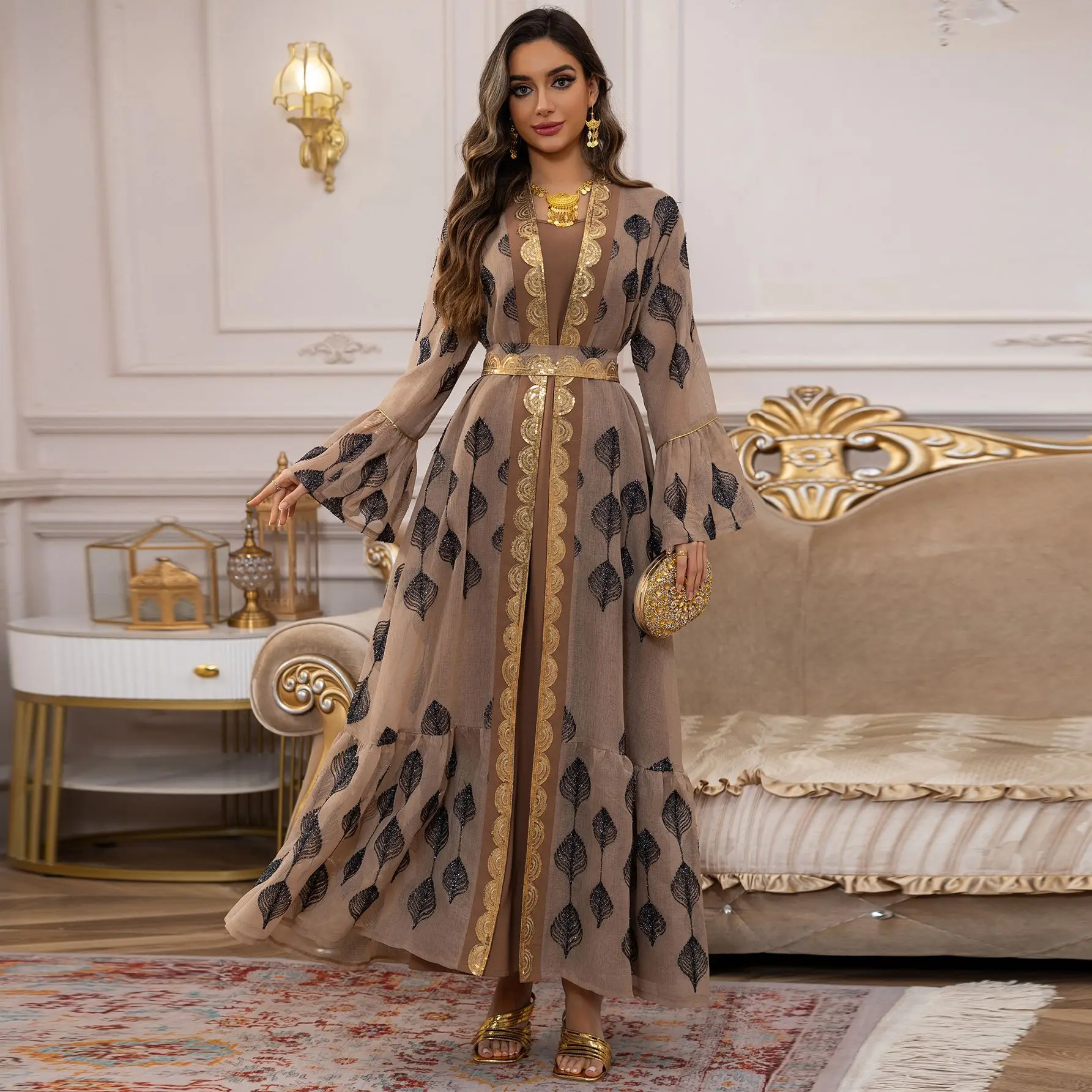 

2025 Embroidery Sequin Open Kimono Abayas Dress Muslim Women Two Piece Set Ramadan Robe Dubai Kaftan Islamic Clothing Jalabiya