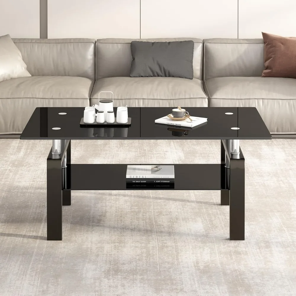 Tempered Glass Coffee Table with Metal Legs Modern Small Coffee Tables for Living Room (Black)