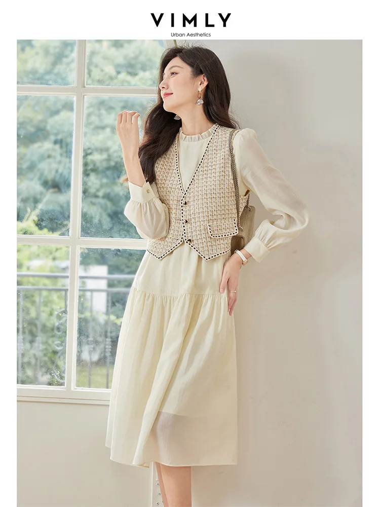 VIMLY Textured Waistcoat Ruffled Collar Dress Two Piece Sets for Women 2023 Autumn Elegant Outfits New in Matching Sets M2919