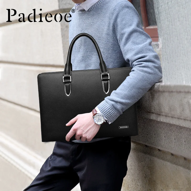 Padieoe Men\'s Briefcase Genuine Leather Totes Bag for Documents Leather Men\'s Shoulder Bag Male Cow Skin Business Messenger Bag