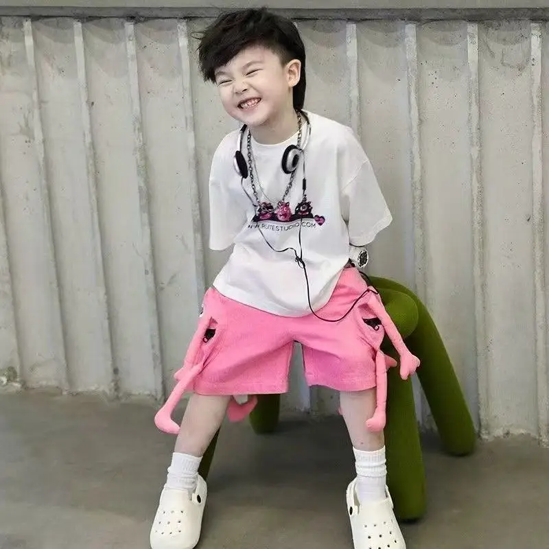 

Children's Summer Set 2026 New Korean Edition Boys' Short sleeved T-shirt+Casual Cartoon Shorts Two-piece Set
