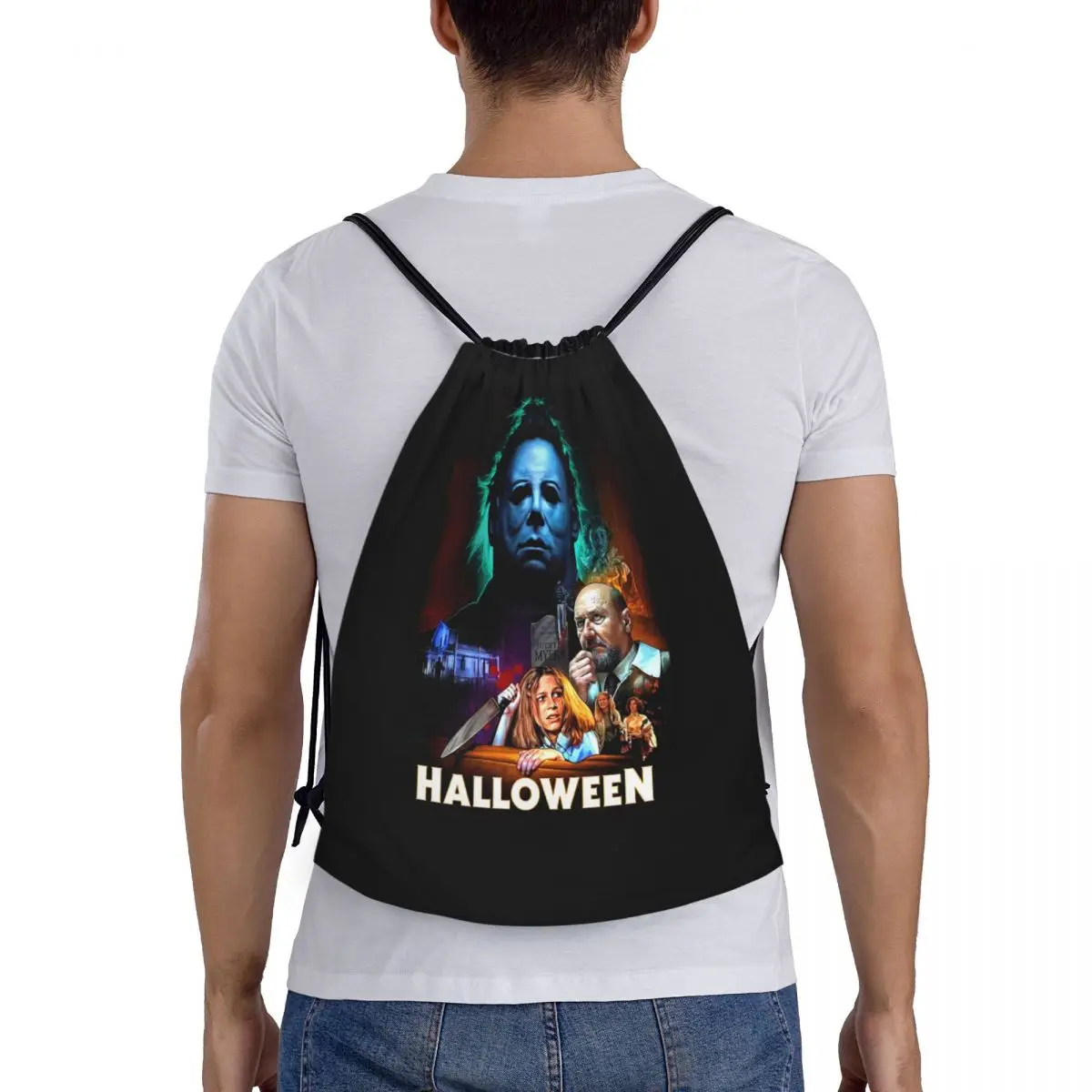 Custom Michael Myers Knives Drawstring Backpack Bags  Lightweight Halloween Movie Poster Gym Sports Sackpack Sacks for Shopping