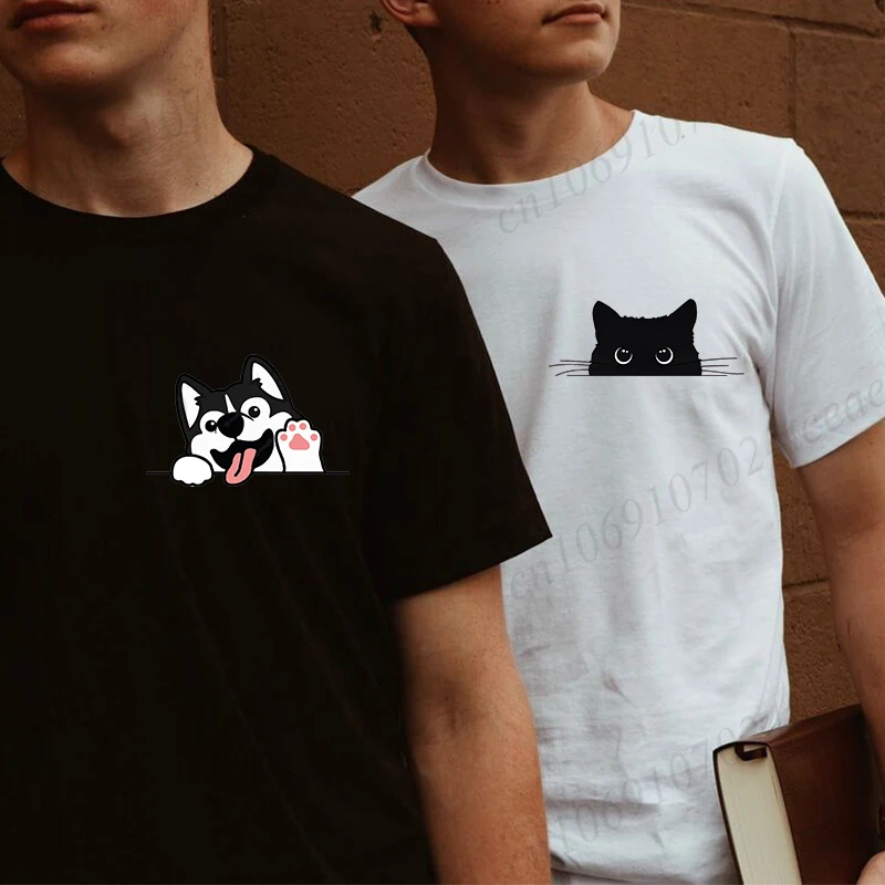 Siberian Husky Dog Paws/Black Cat Pocket T-Shirt for Women Men, Dog Face Shirts, Cat Face Tshirts, Gifts for Dog Cat Lovers