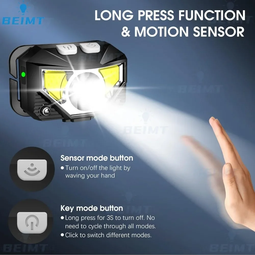 Mini XPE+COB LED Headlamp 8 Modes Handfress Motion Sensor Headlight  USB Rechargeable Head Flashlight Camping Fishing Head Torch