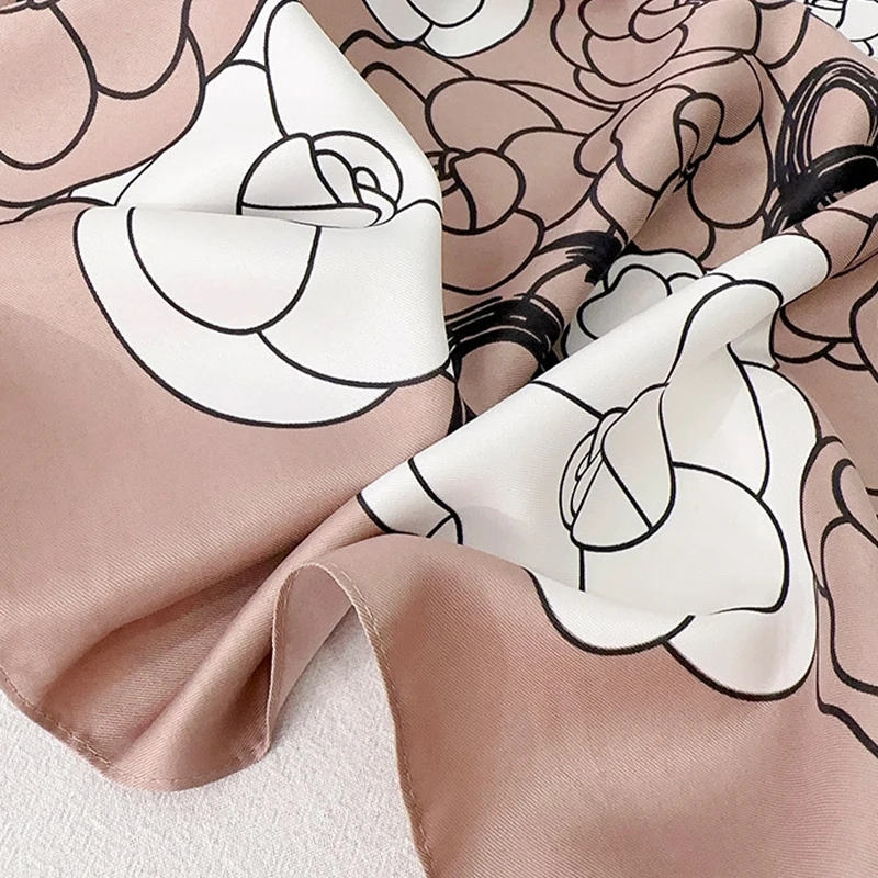 Moda 90CM camelia Twill di seta donna sciarpa spiaggia protezione solare Foulard scialle capelli femminili Hijab avvolge fazzoletto da collo Bandanda Echarpe
