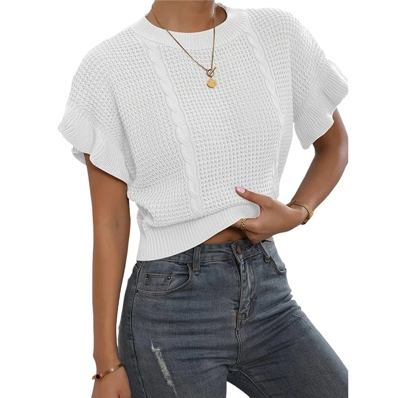 Women Top Round Neck Short Sleeve Knitted Ruffle Fashionable High Quality New Arrival Trendy Comfortable Premium