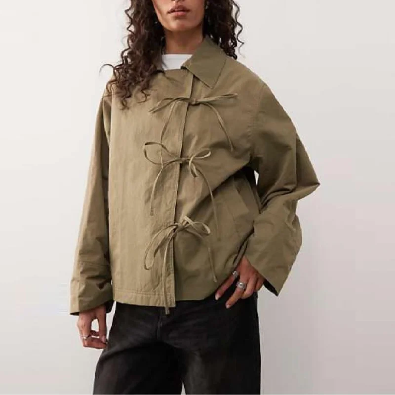 Casual Chic Bow Tie Strapped Jacket Women's Loose Lapel Long Sleeve Pockets Coats 2025 Autumn Lady Daily Street Outerwears