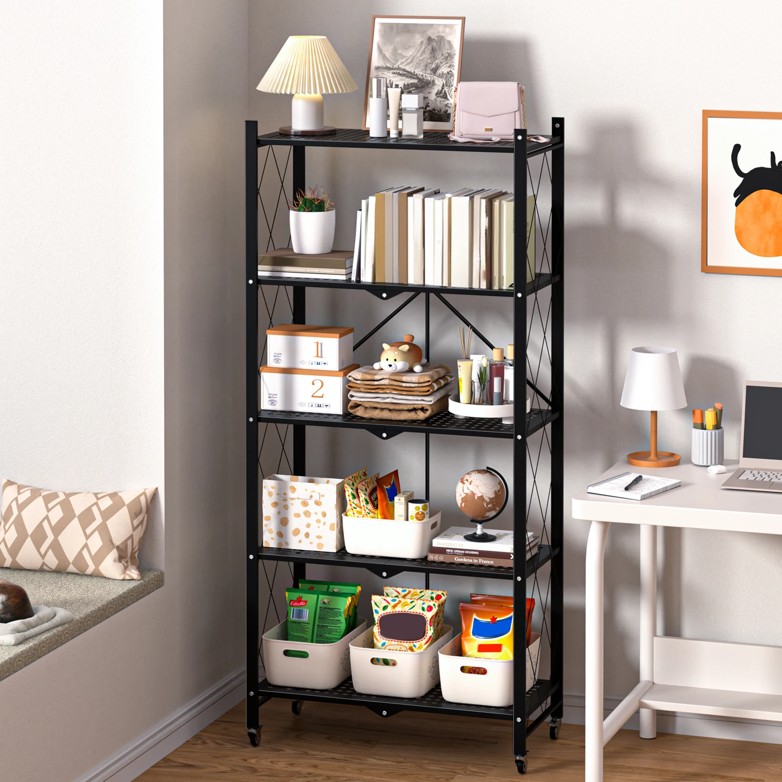 

5 Tiers Foldable Storage Shelves, Expandable Folding Bookshelf with Wheels, Collapsible Adjustable Storage Rack Metal Shelves