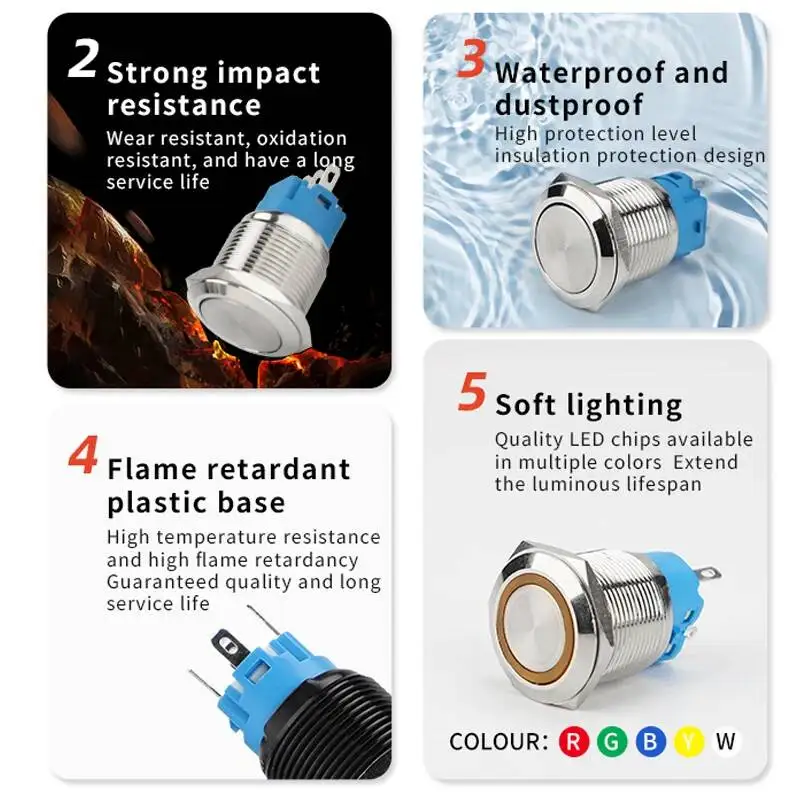 25/28/30/40mm Stainless Steel Metal Push Button Switch With Lamp Lock/Latching Momentary/Reset Power Supply Waterproof 1NO1NC