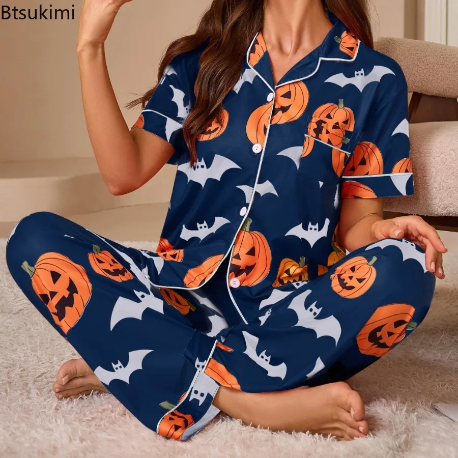 

Women's Halloween Printed Pajamas Set Fashionable Collar Short Sleeved Shirt Long Pants Home Clothes Casual Loose Two-piece Set