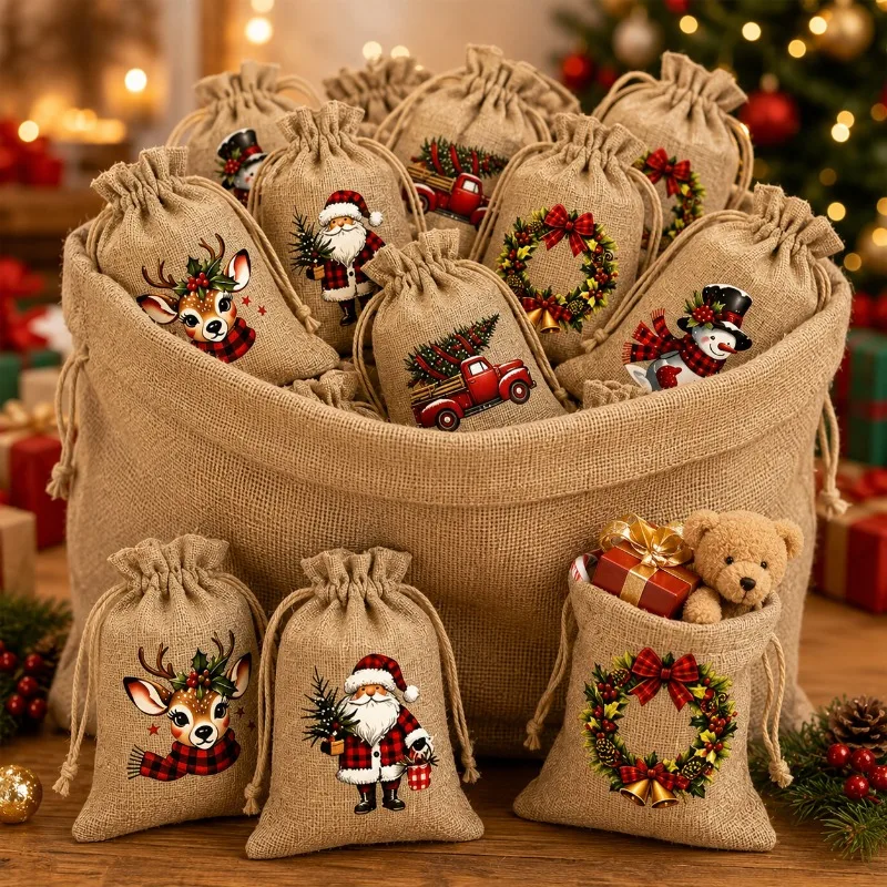 7Pcs Random Style Jute Christmas Drawstring Gift Bags Reusable Xmas Pouches for Him Her, Christmas Party Birthday Gift & Tree De