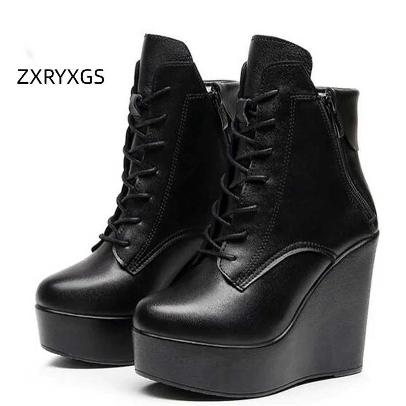 

2023 Autumn Winter Cross Strap Double Zipper Women Leather Boots Platform Increase Shoes High Heel Boots Small Size Large Size