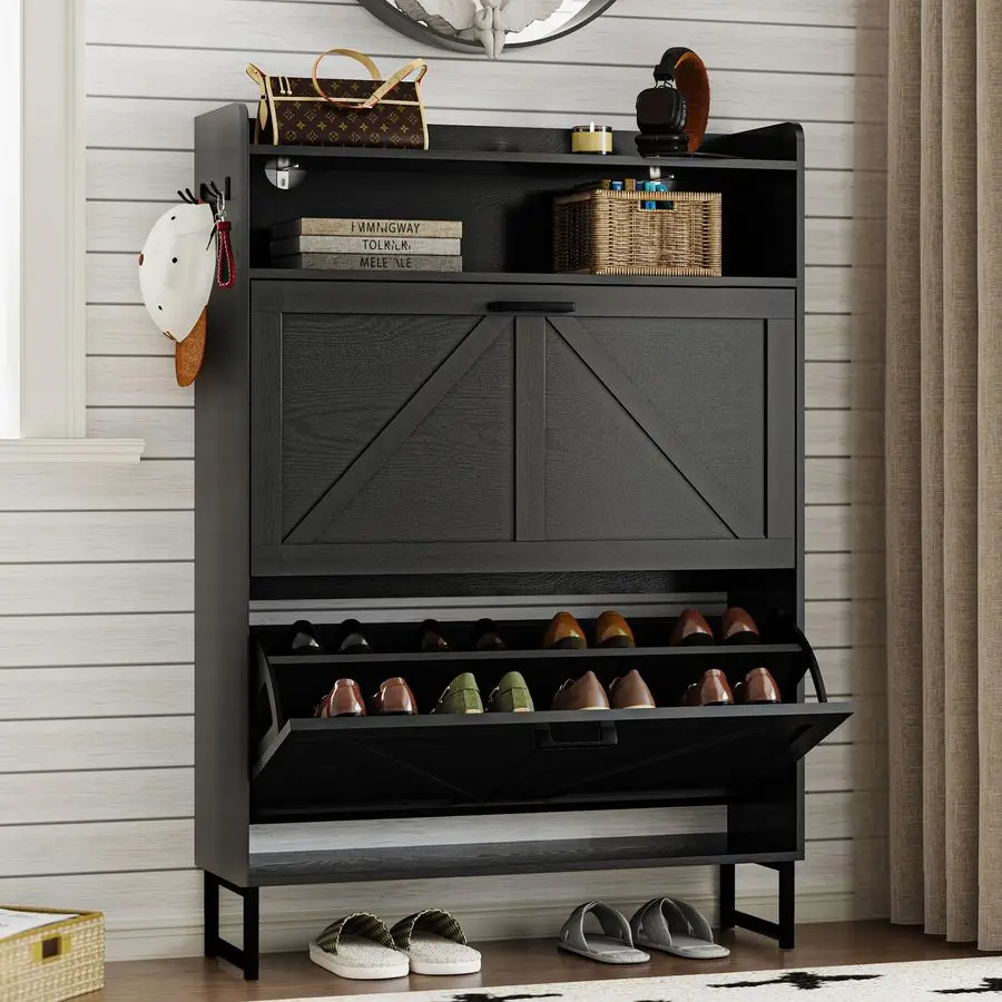 

Cabinet with 2 Flip Drawers Narrow Shoe Storage Cabinet Organizer Wooden Freestanding Rack Hidden Slim Storage for Customizable