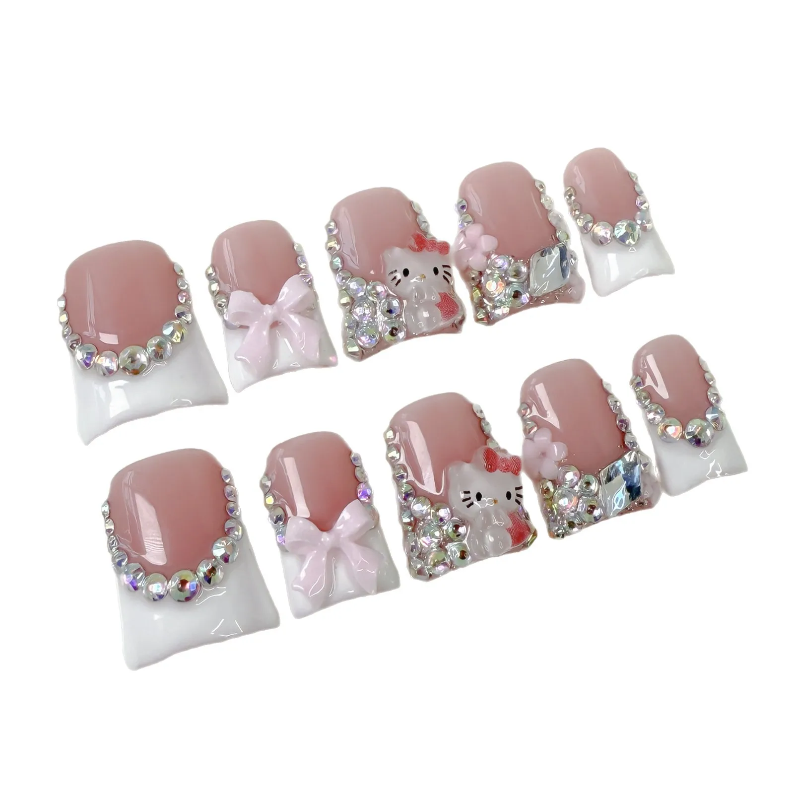 10 ชิ้น Handmade สีขาวภาษาฝรั่งเศสคําสั้นเป็ดเล็บสีชมพูกดบนเล็บเพชรการ์ตูนแมวโบว์ Reusable เล็บปลอม Y2K หญิง