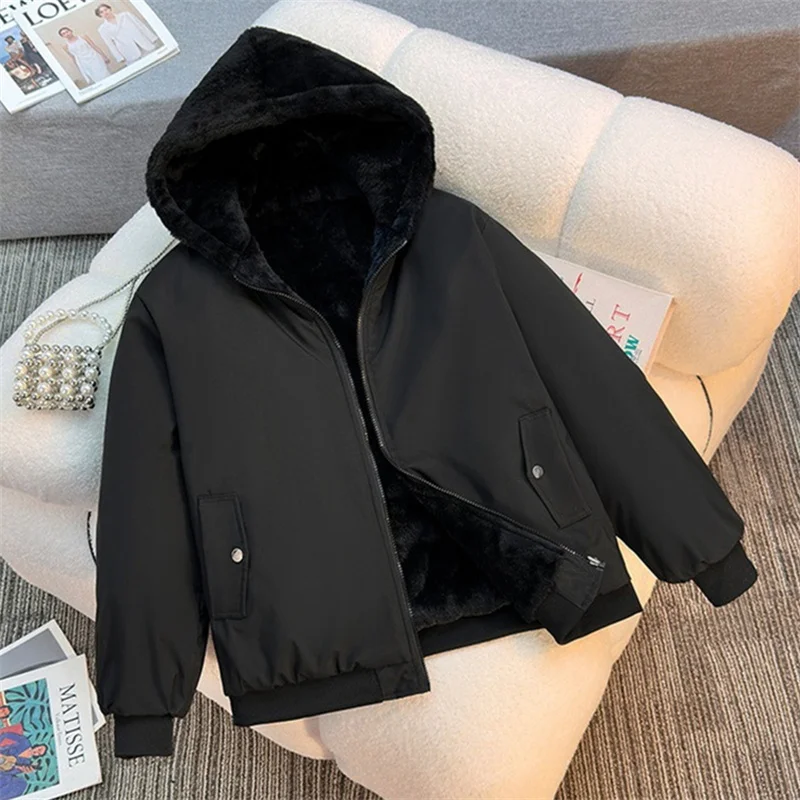 Black Two-sided Wear Short Parkas Women's Winter Cotton-padded Jacket Hooded Coat Soft Faux Rabbit Hair Liner Loose Outerwear