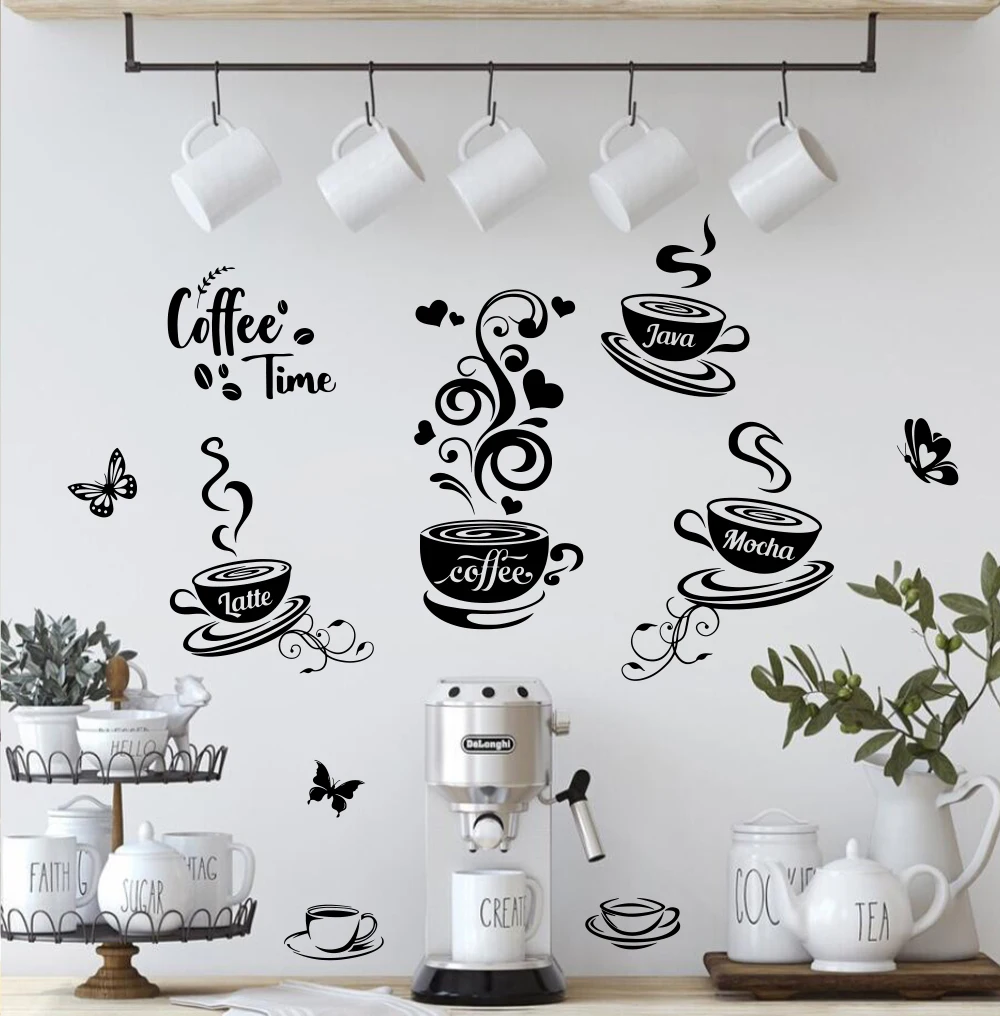 Coffee Time Cafe Bar Shop Wall Stickers Decals Mocha Latte Java for Kitchen Waterproof Home Wall Decor