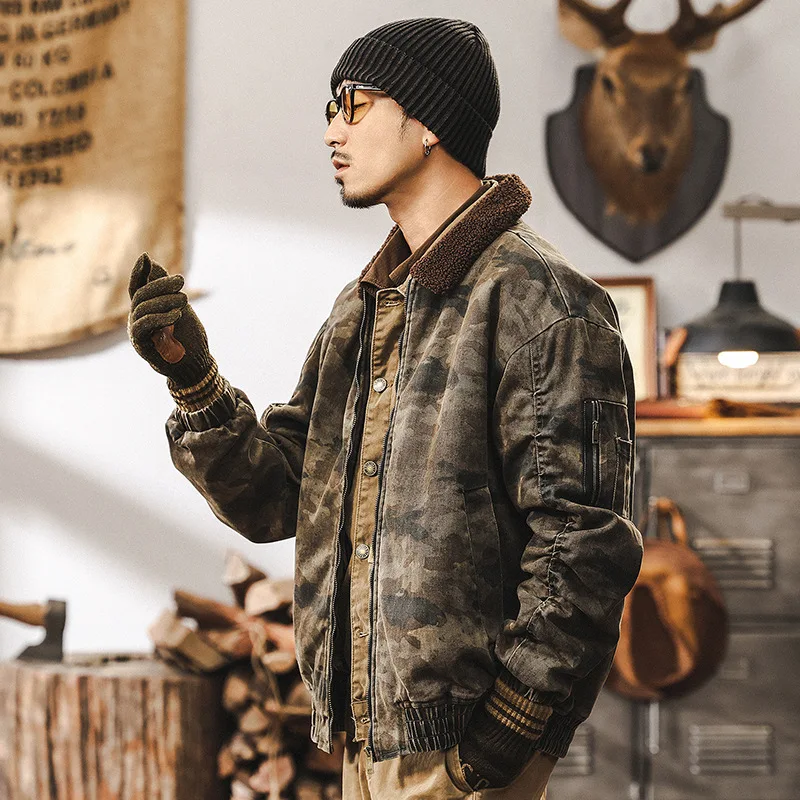 

American retro heavy lamb wool jacket men's winter thickened cotton-padded jacket outdoor camouflage tooling jacket padded