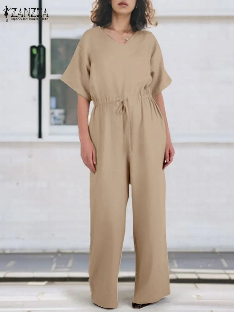 ZANZEA Damesmode V-hals Jumpsuits met halve mouwen Casual losse effen kleur Overalls Casual woon-werkverkeer Trekkoord Taille Lange romper