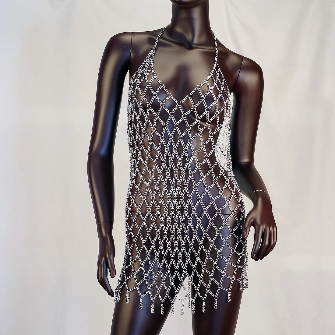 Gold Mesh Chain Halter Body Dress Fringe Tassel V Neck Cover Up Women Rave Beach Club Party Festival Body Chain Jewelry
