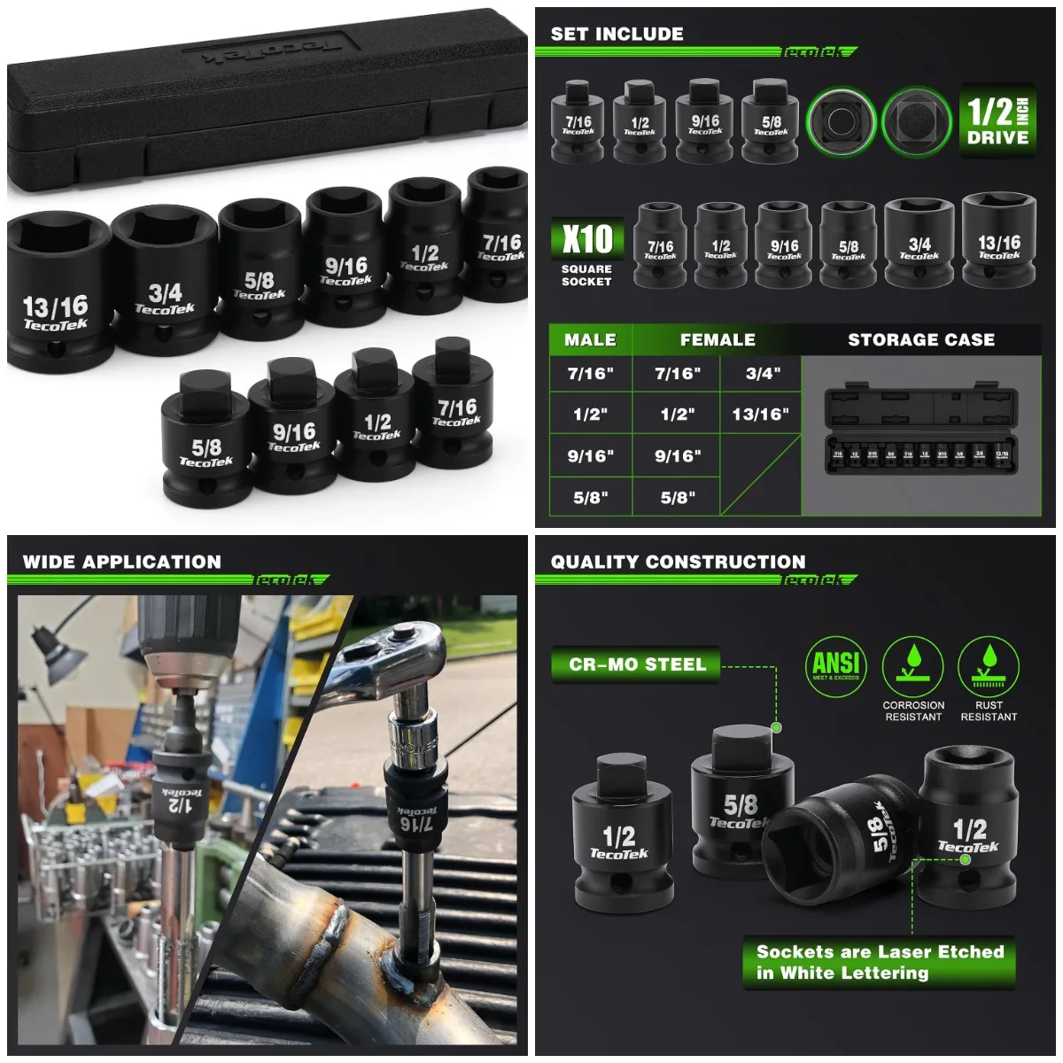 

1/2' Drive Pipe Plug Socket Set, 10-Piece, SAE, 4-Point, CR-MO, 7/16''-13/16''