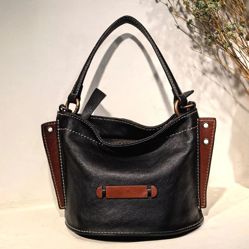 

High quality women's bag new simple solid color first layer leather multifunctional small bucket shoulder bag crossbody bag
