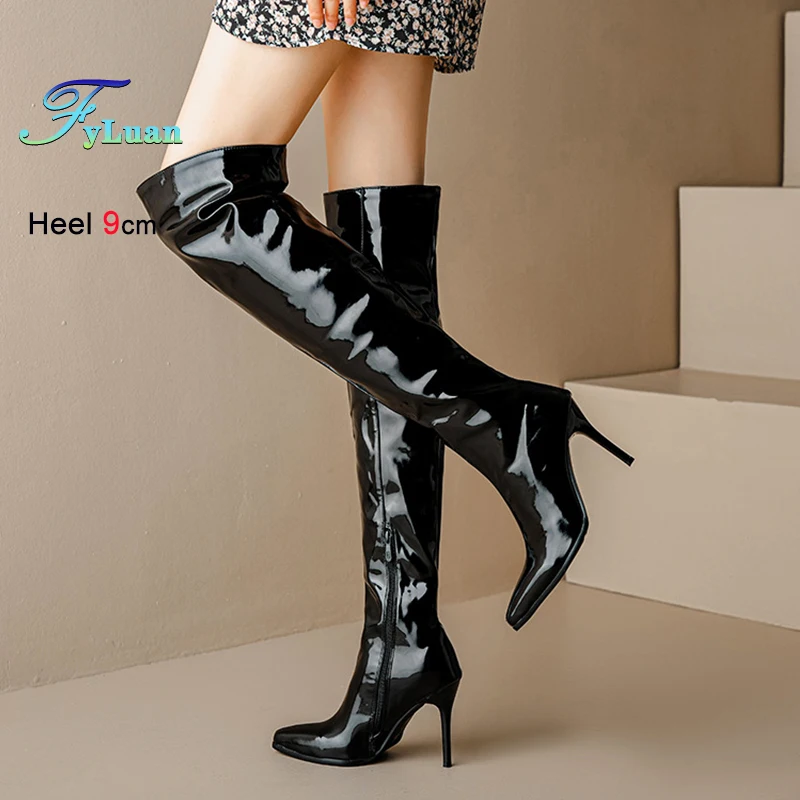 

Black Long Boots Autumn Winter Patent leather Thigh-high 9CM Thin Heel Sexy T Show Shoes For Women Pointed Over-the-knee Boots