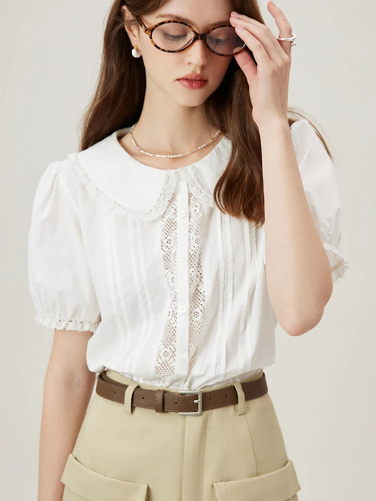 FSLE Lace Patchwork Design Women Peter Pan Collar Short Puff Sleeve Blouse Sweet Summer White Loose Shirts 24FS12491