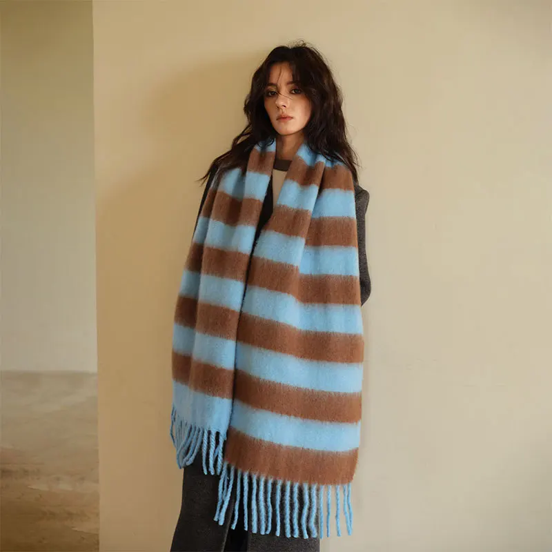 Blue Brown Color-blocked Striped Acrylic Imitation Cashmere Scarf for Women Winter Thickened Versatile Warm Shawl Dual-use Scarf