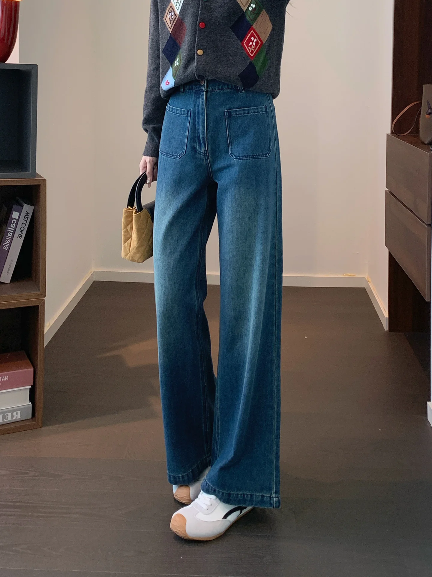 

Джинсы с высокой талией, прямые, в стиле ретро, свободные, повседневные, универсальные, широкие, длинные брюки для женщин, осенние