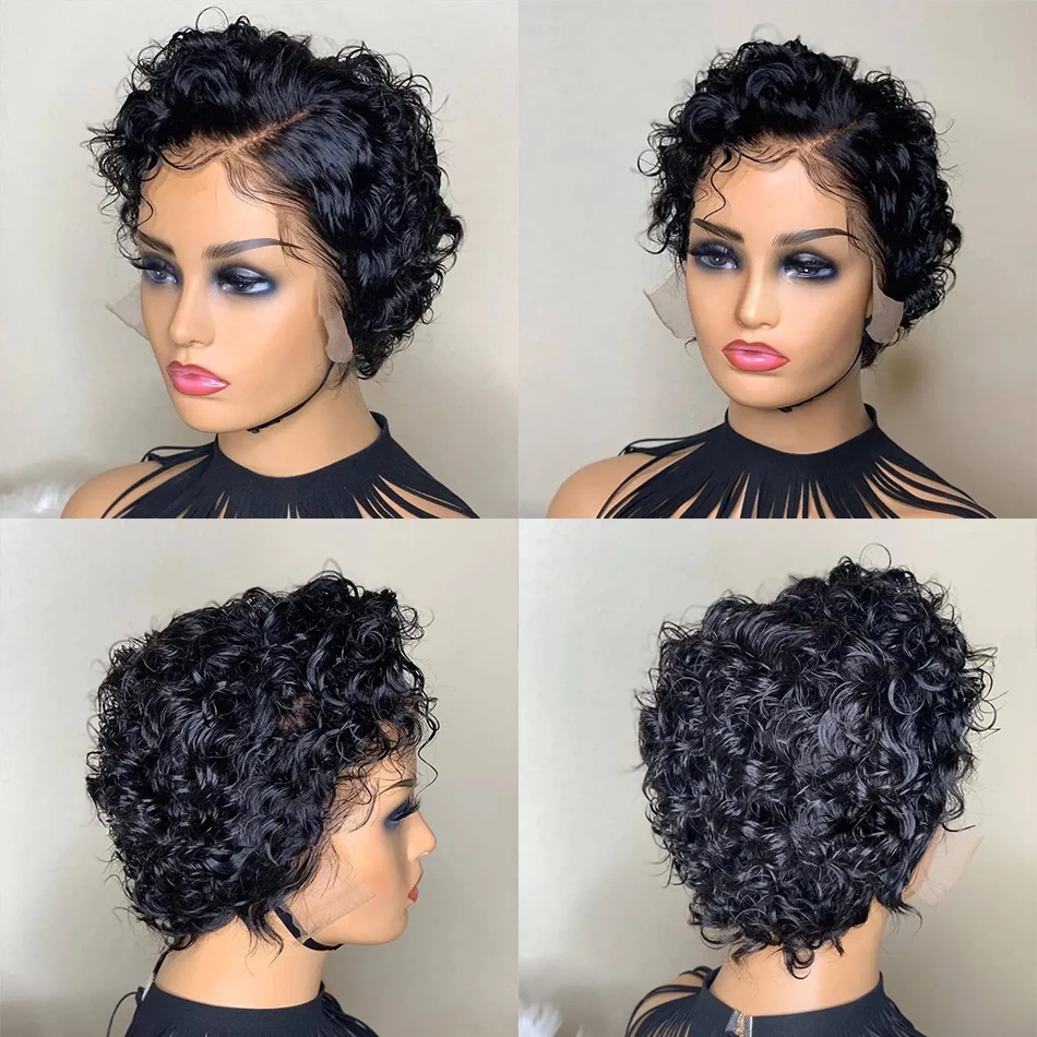 OYM HAIR 13x4 Pixie Cut Wigs Lace Frontal Human Hair Wigs for Women Pre Plucked Short Curly Wigs Human Hair 180% Density Black